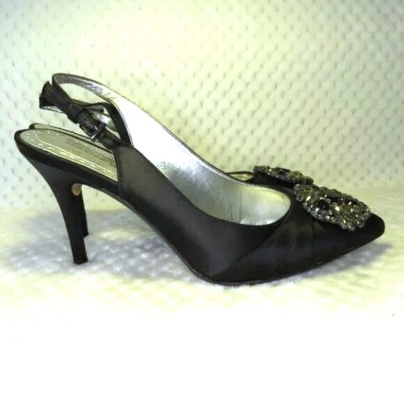 Adrienne Vittadini Black Satin Rhinestone Brooch Slingback Heels Size 7M - Picture 5 of 11